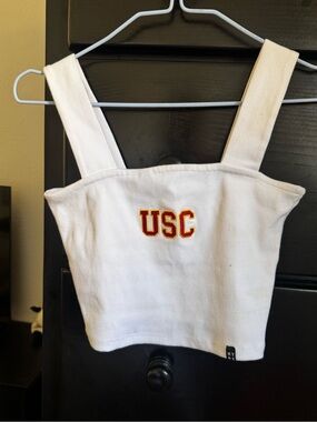 USC White Ribbed Crop Top with Logo